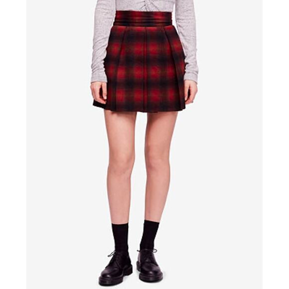 Free People High-Waist Pleated Plaid Mini Skirt Red Black Grunge Womens Size 4 - Picture 12 of 12